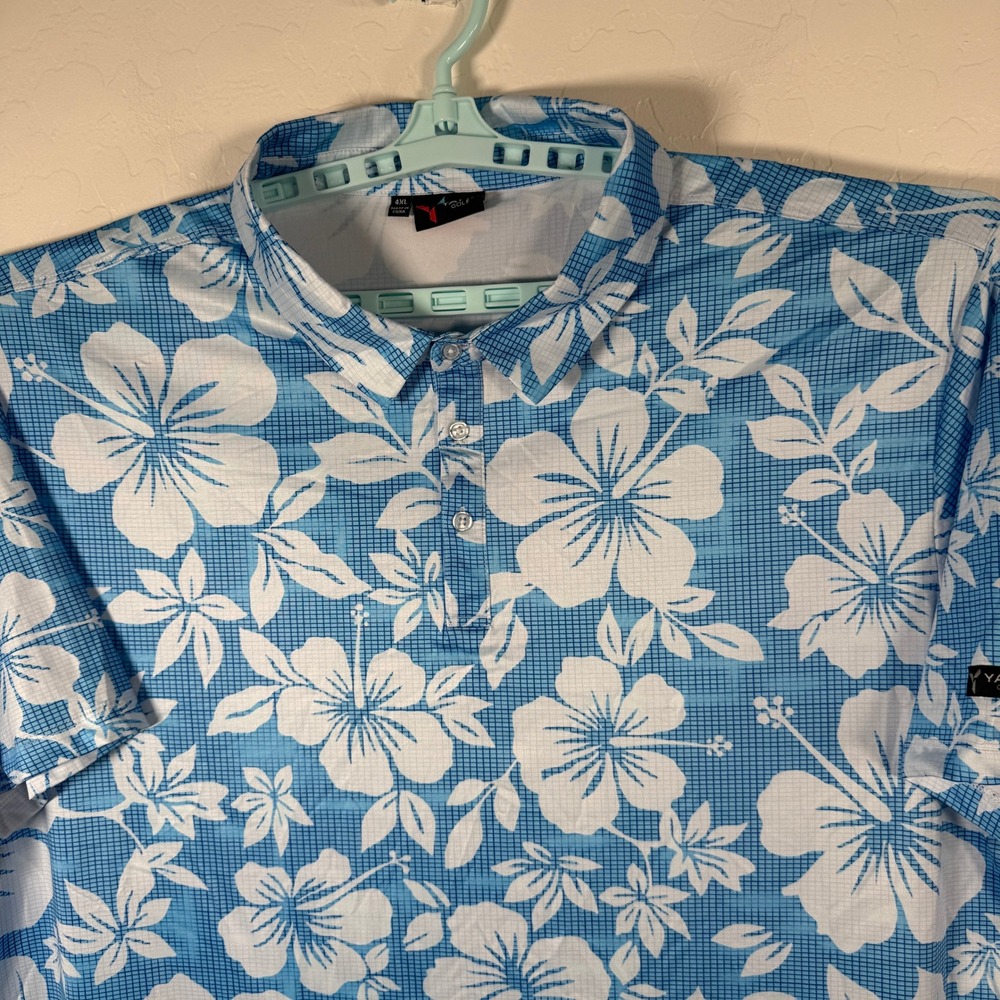 Yatta Golf Polo Shirt Mens 4XL Blue Floral Hibiscus Performance Stretch Golfing